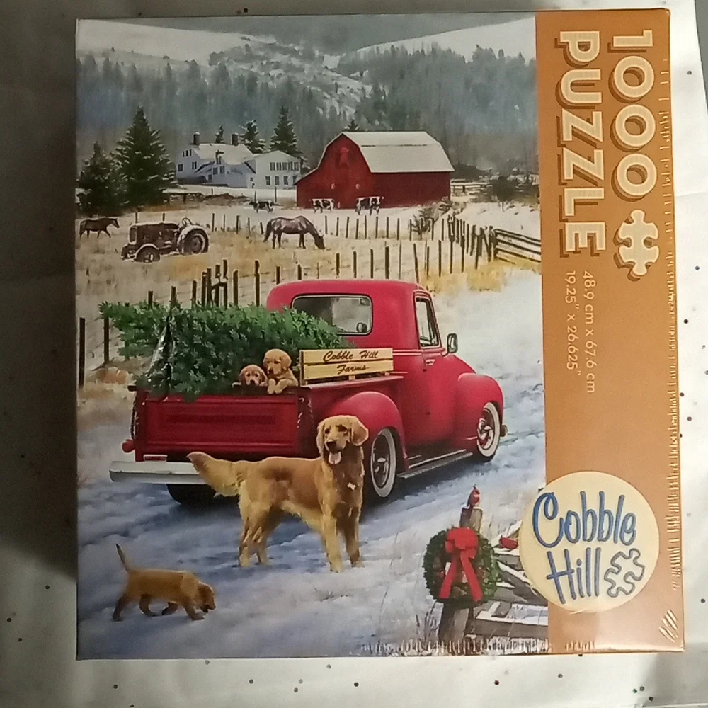 1000 piece puzzle Labrador retrievers red truck Christmas